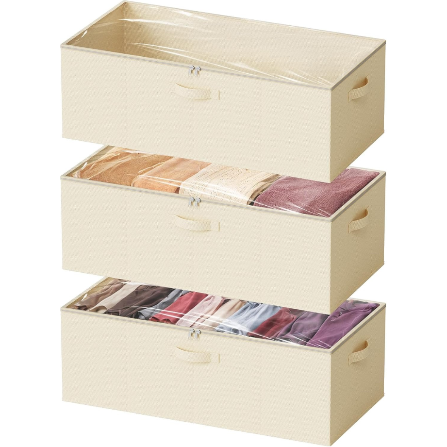 3 Pack 10" High Under Bed Storage Bins with Lids beige