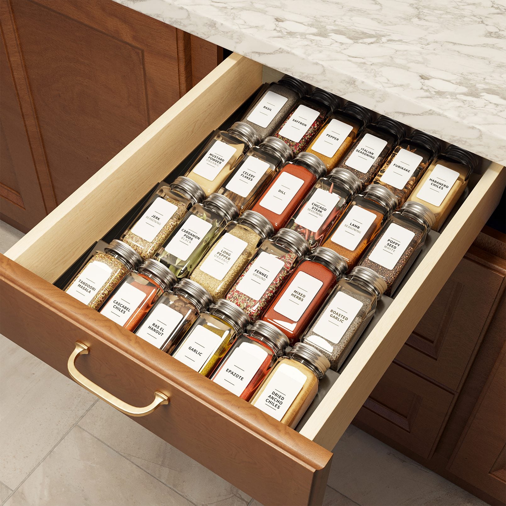 SpaceAid Best Spice Drawer Organizer with 24 Glass Spice Bottles,