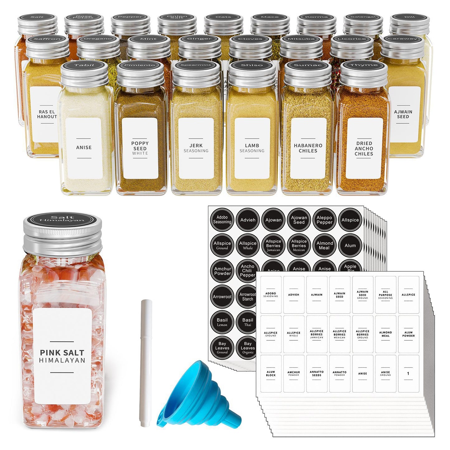 SpaceAid empty glass spice bottles with labels