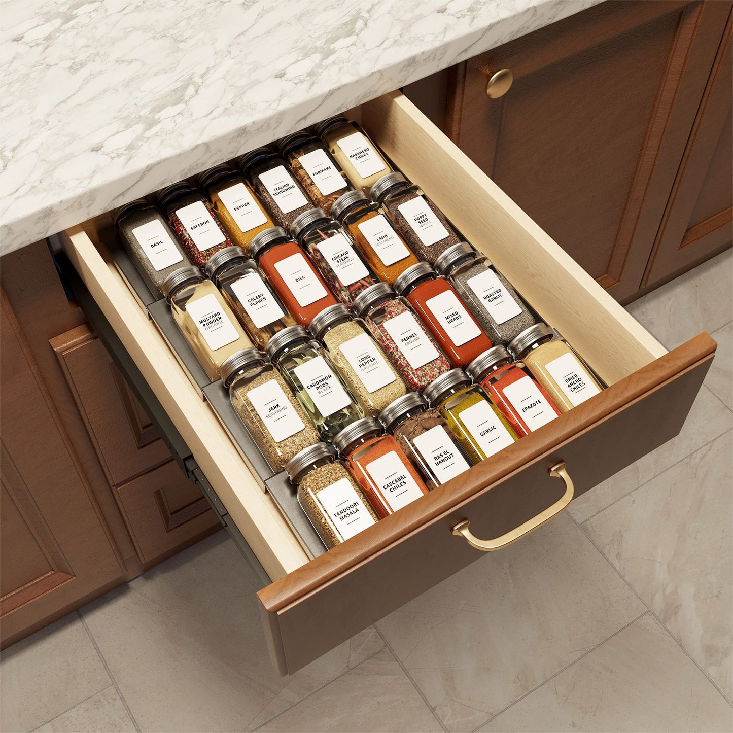 empty glass spice bottles with labels