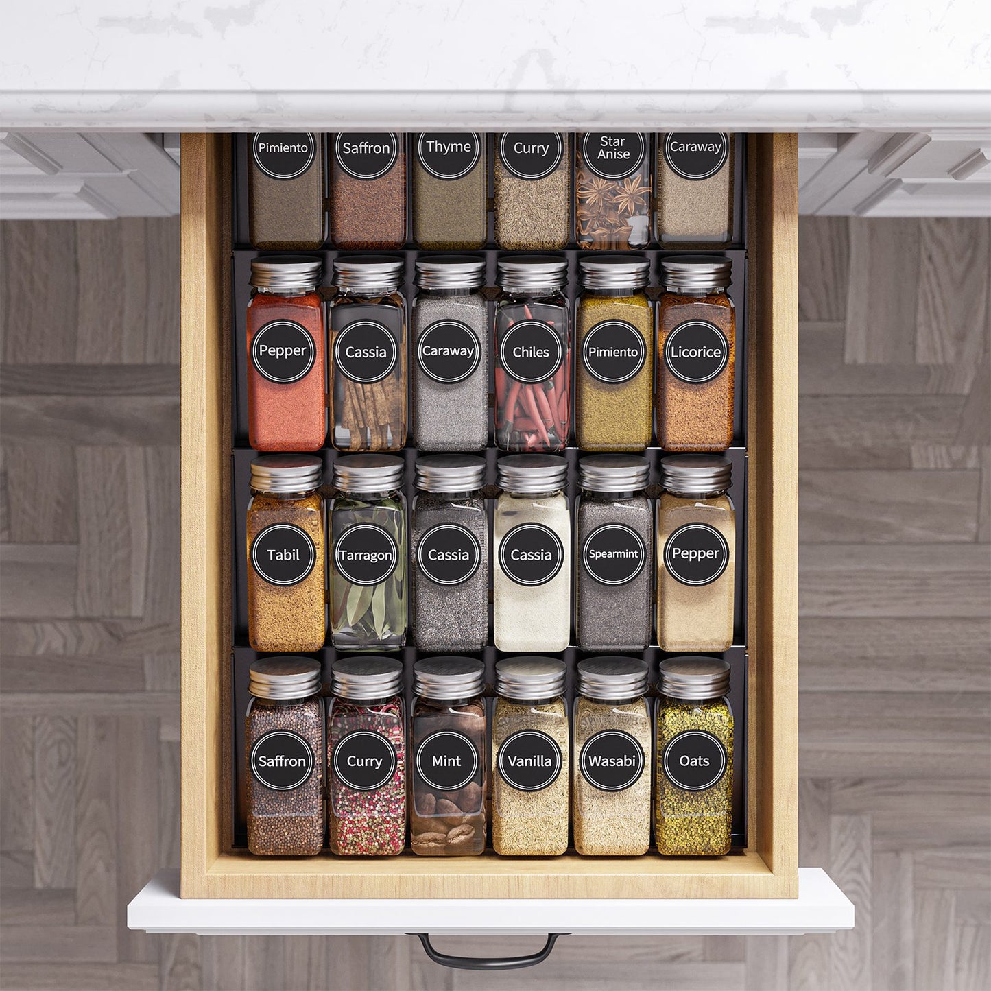empty glass spice bottles with labels