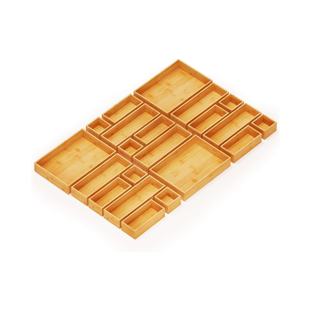 21-Piece Bamboo Drawer Organizer Set - Multi-Use Storage Bins,Nature