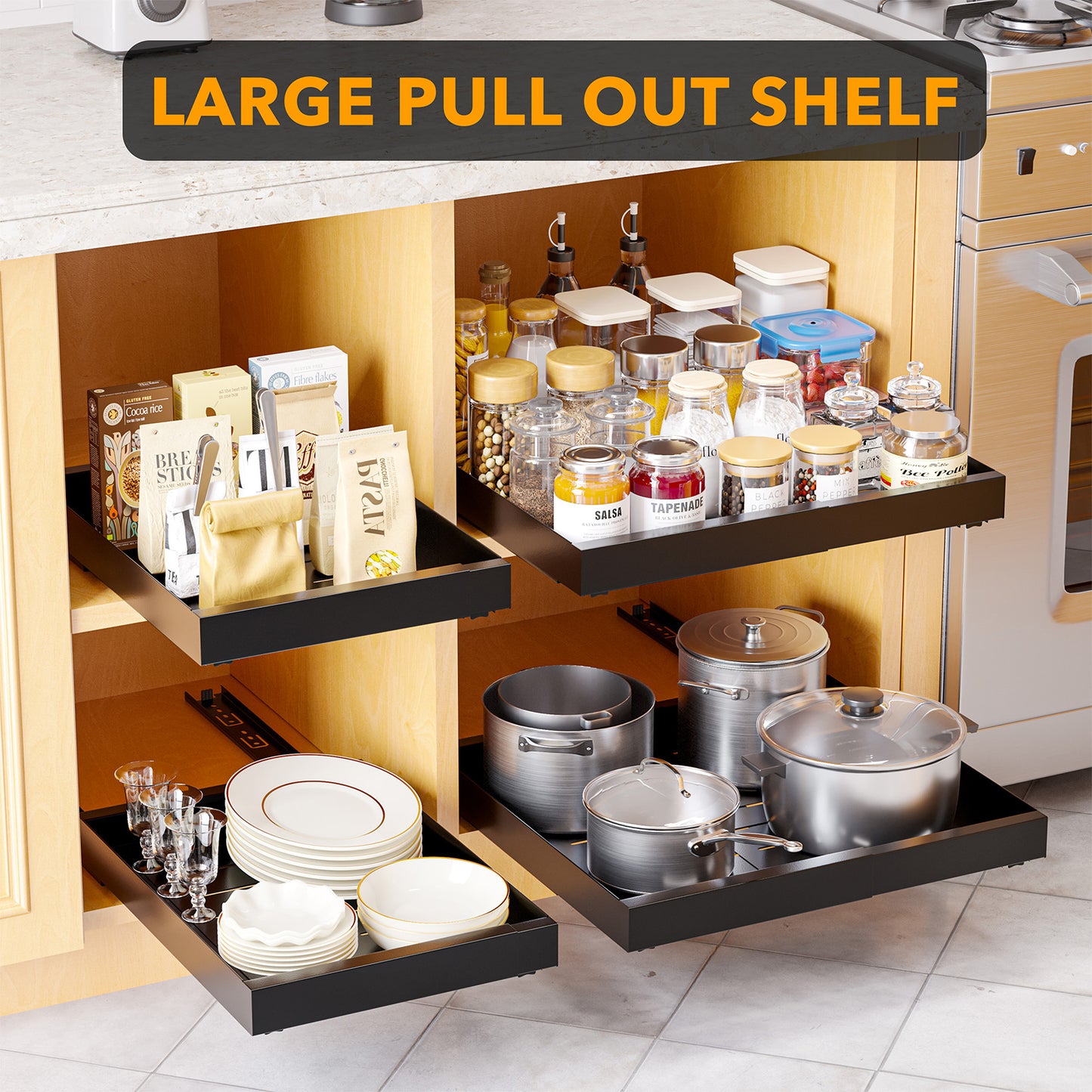 SpaceAid Adjustable No-Drill Adhesive Pull-Out Cabinet Drawer for Kitchen Black, 17" Deep