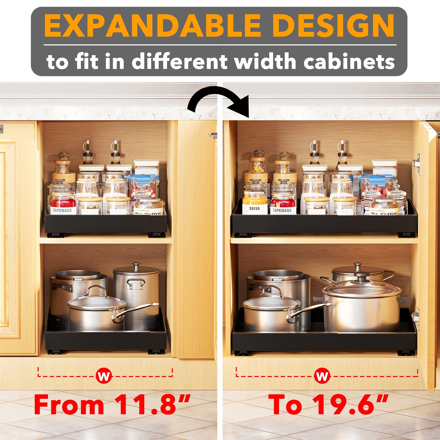 SpaceAid Adjustable No-Drill Adhesive Pull-Out Cabinet Drawer for Kitchen Black, 17" Deep