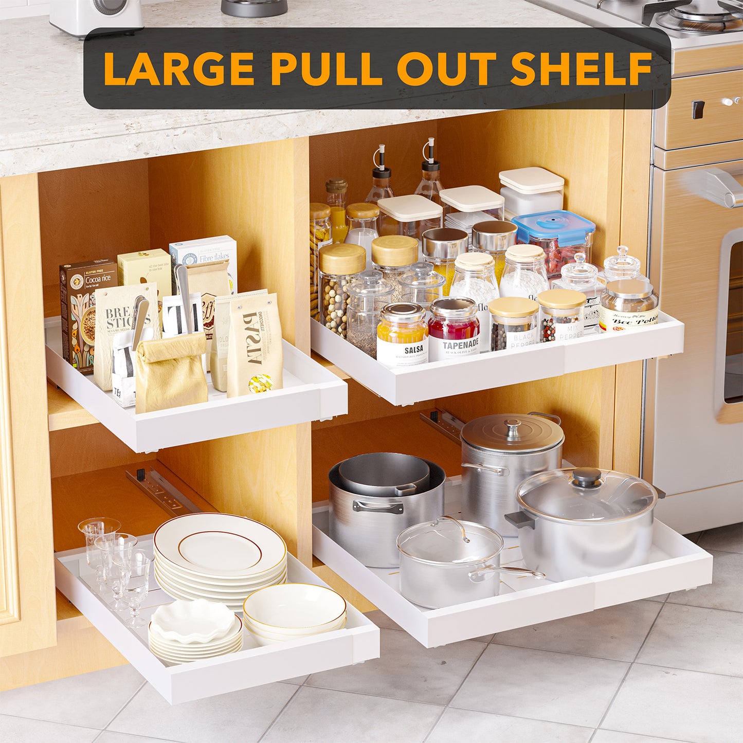 SpaceAid Pull-Out Cabinet Organizer with No-Drill Adhesive for Kitchen and Pantry White, 17" Deep