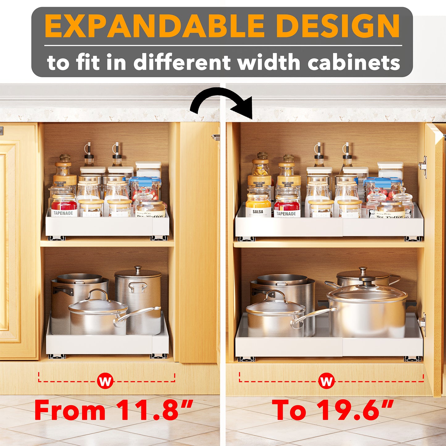 SpaceAid Pull-Out Cabinet Organizer with No-Drill Adhesive for Kitchen and Pantry White, 17" Deep