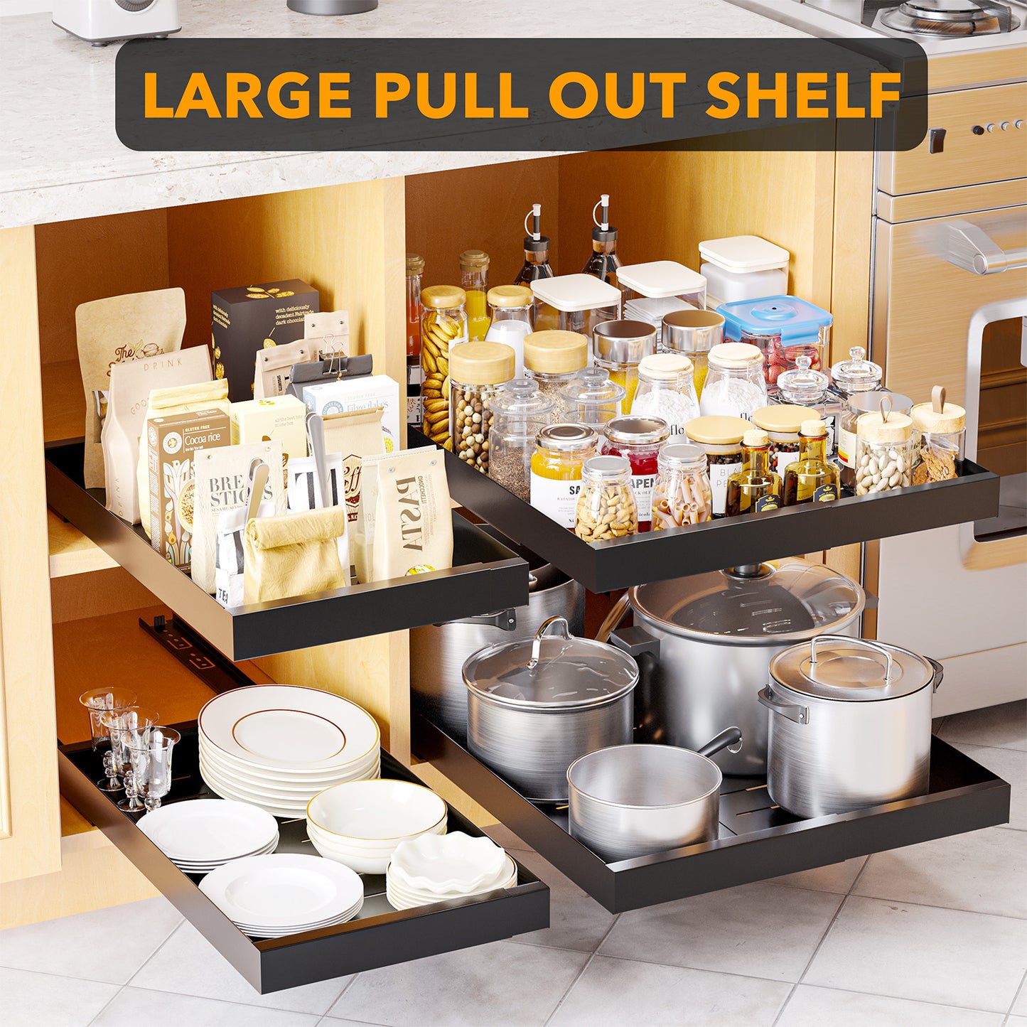 SpaceAid Adjustable No-Drill Adhesive Pull-Out Cabinet Shelves for Kitchen Black, 21" Deep