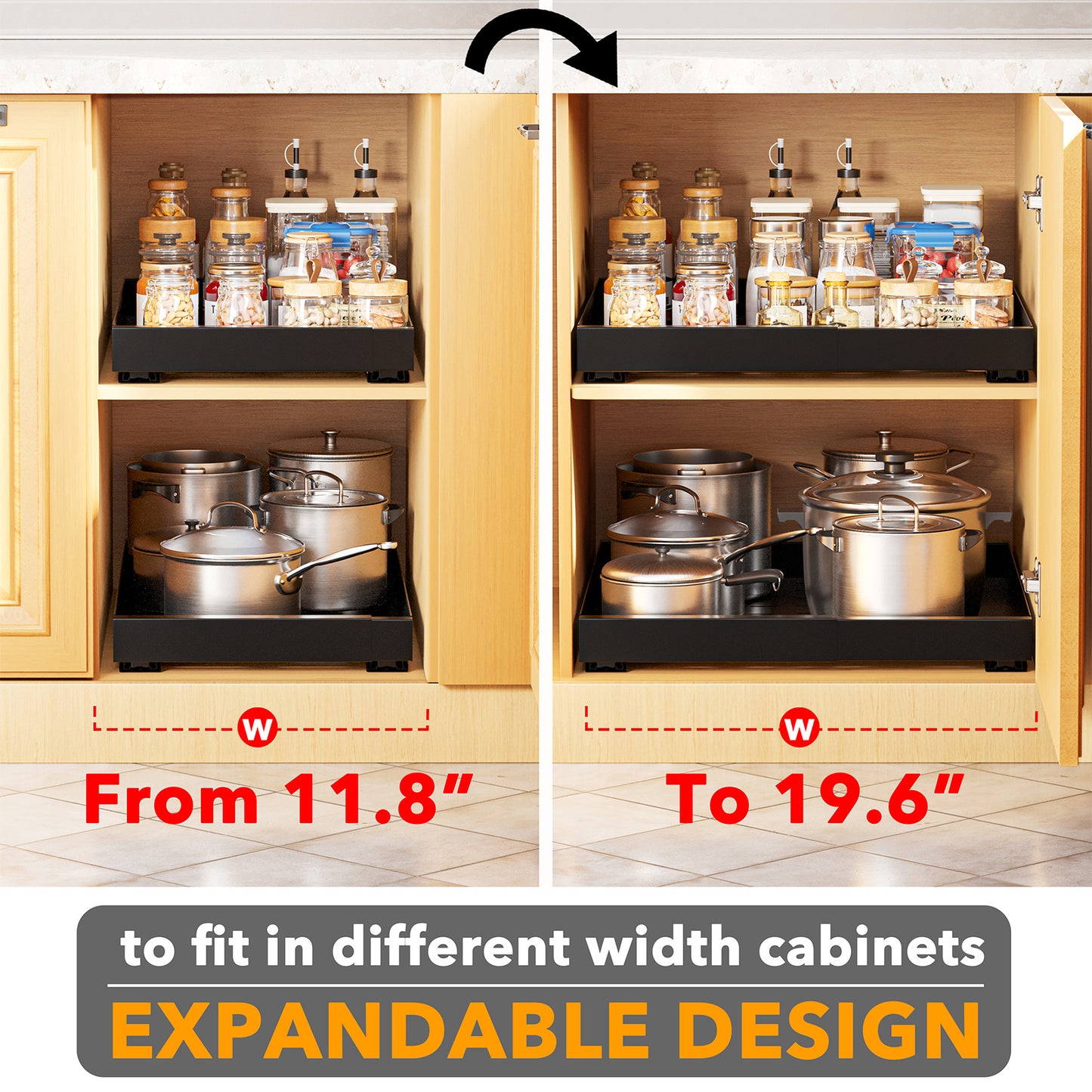 SpaceAid Adjustable No-Drill Adhesive Pull-Out Cabinet Shelves for Kitchen Black, 21" Deep