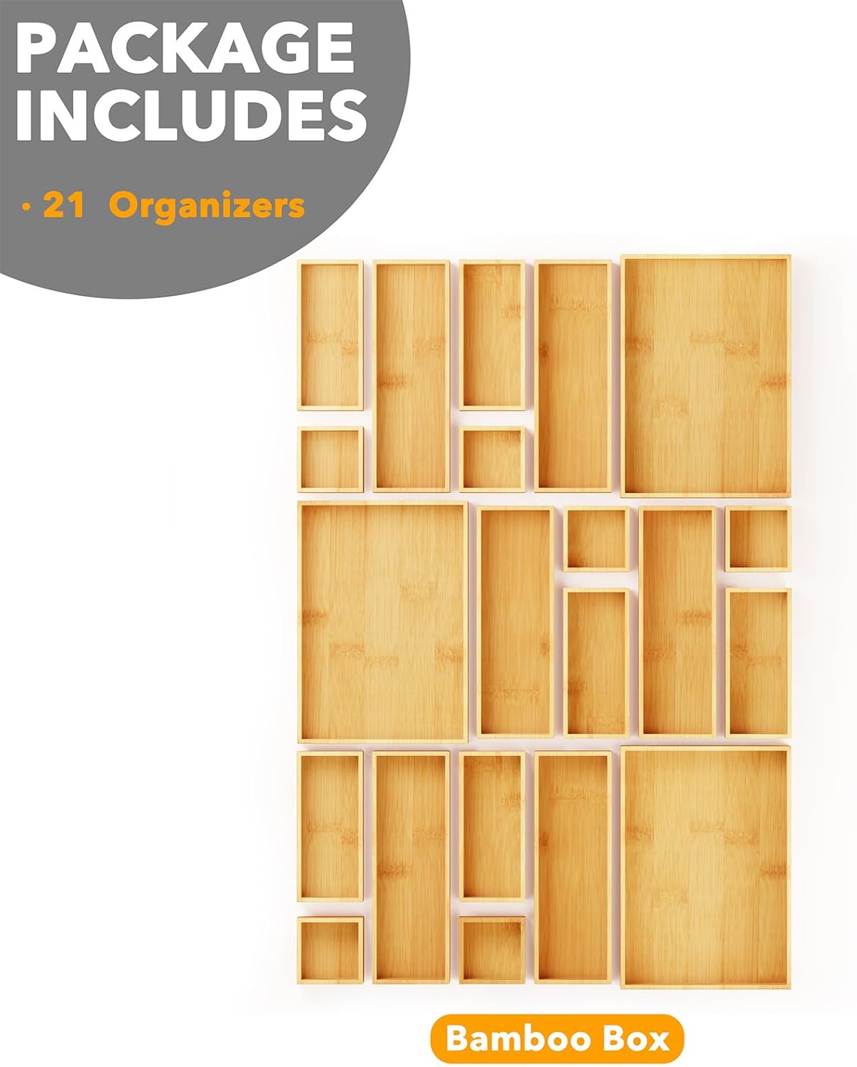 21-Piece Bamboo Drawer Organizer Set - Multi-Use Storage Bins,Nature