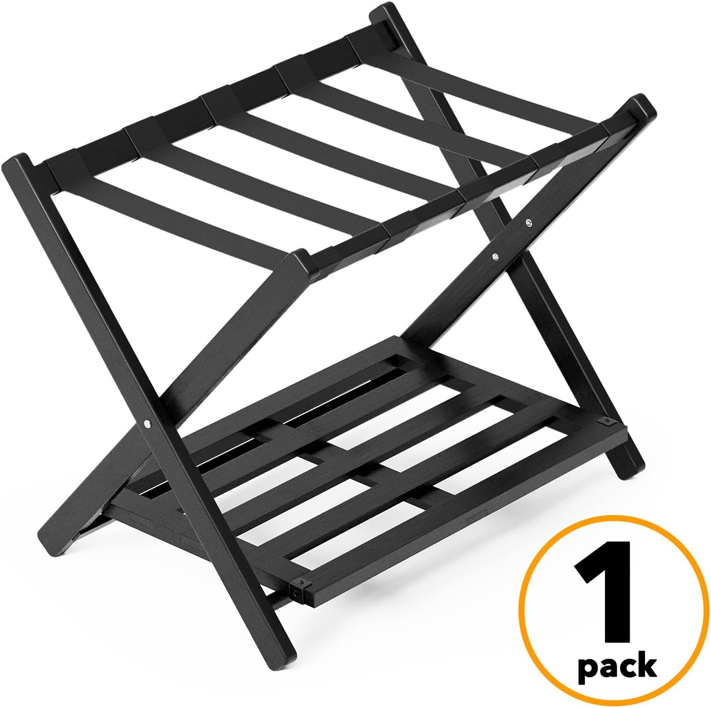 Fully Assembled Bamboo Foldable Luggage Rack with Storage Shelf, Black
