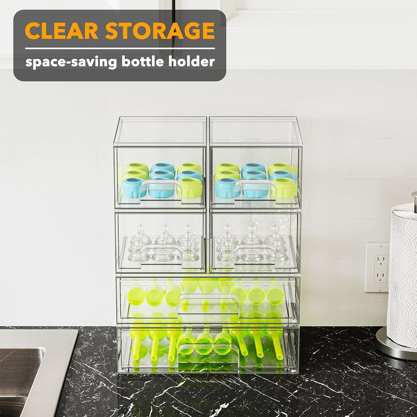 SpaceAid Baby Bottle Storage Organizer – Clear Acrylic Container with Drawers, 6 Pack, 4S2L, 15.6"H