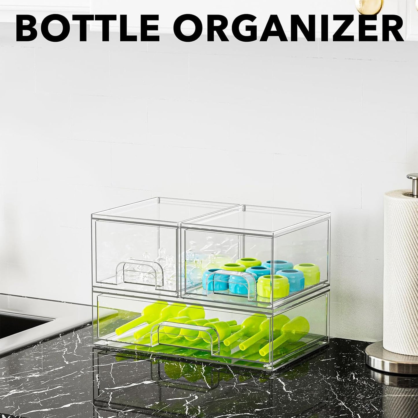 SpaceAid Baby Bottle Drawer Organizer – Stackable Clear Acrylic Station, 3 Pack, 2S1L, 7.8"H