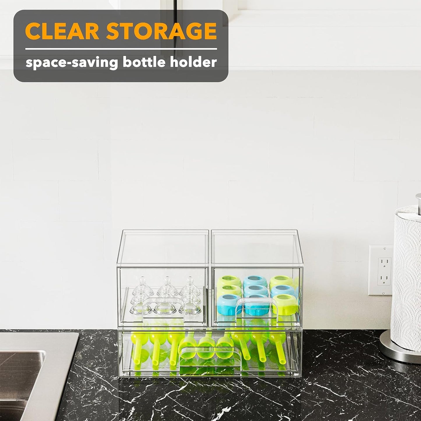SpaceAid Baby Bottle Drawer Organizer – Stackable Clear Acrylic Station, 3 Pack, 2S1L, 7.8"H