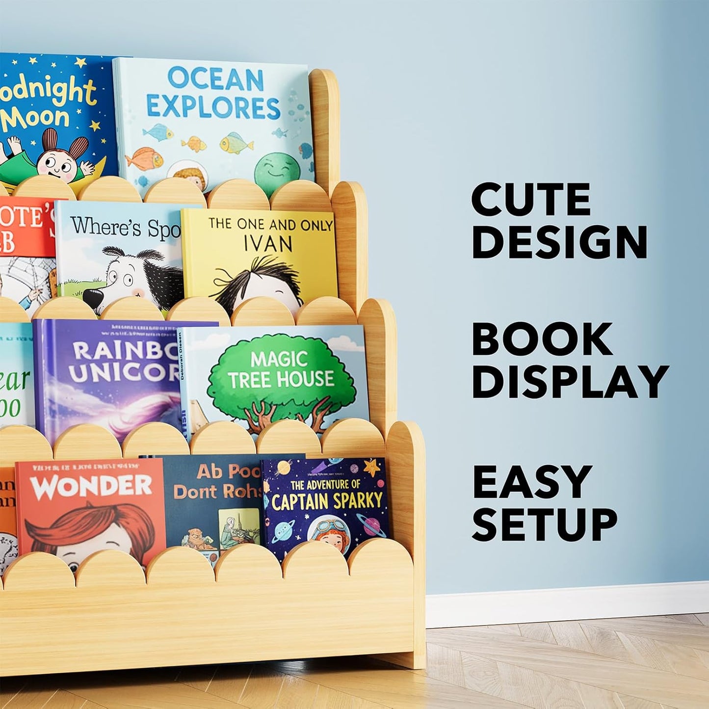 Children's books on a wooden bookshelf against a light blue wall with text describing the product.