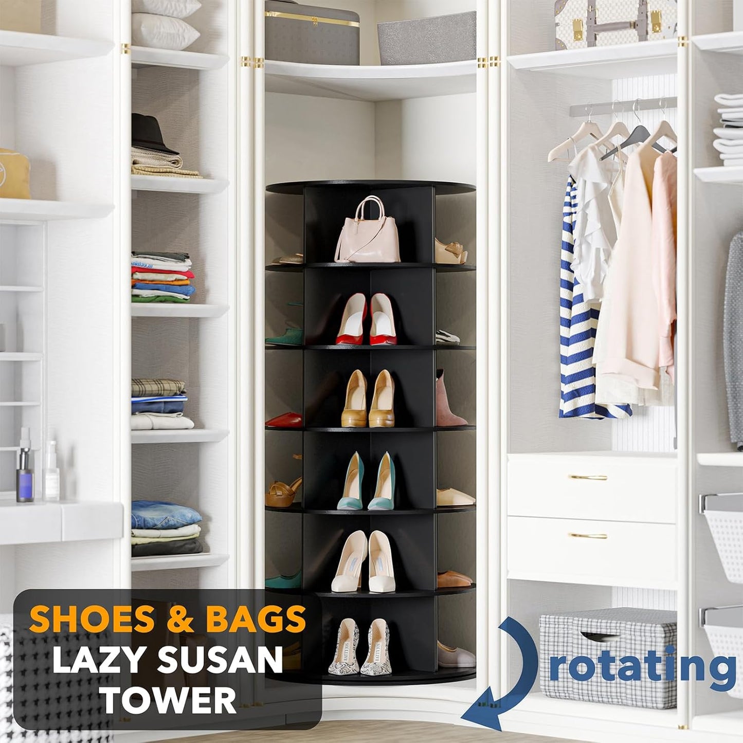 Black 6-Tier Revolving Shoe Rack for Closet