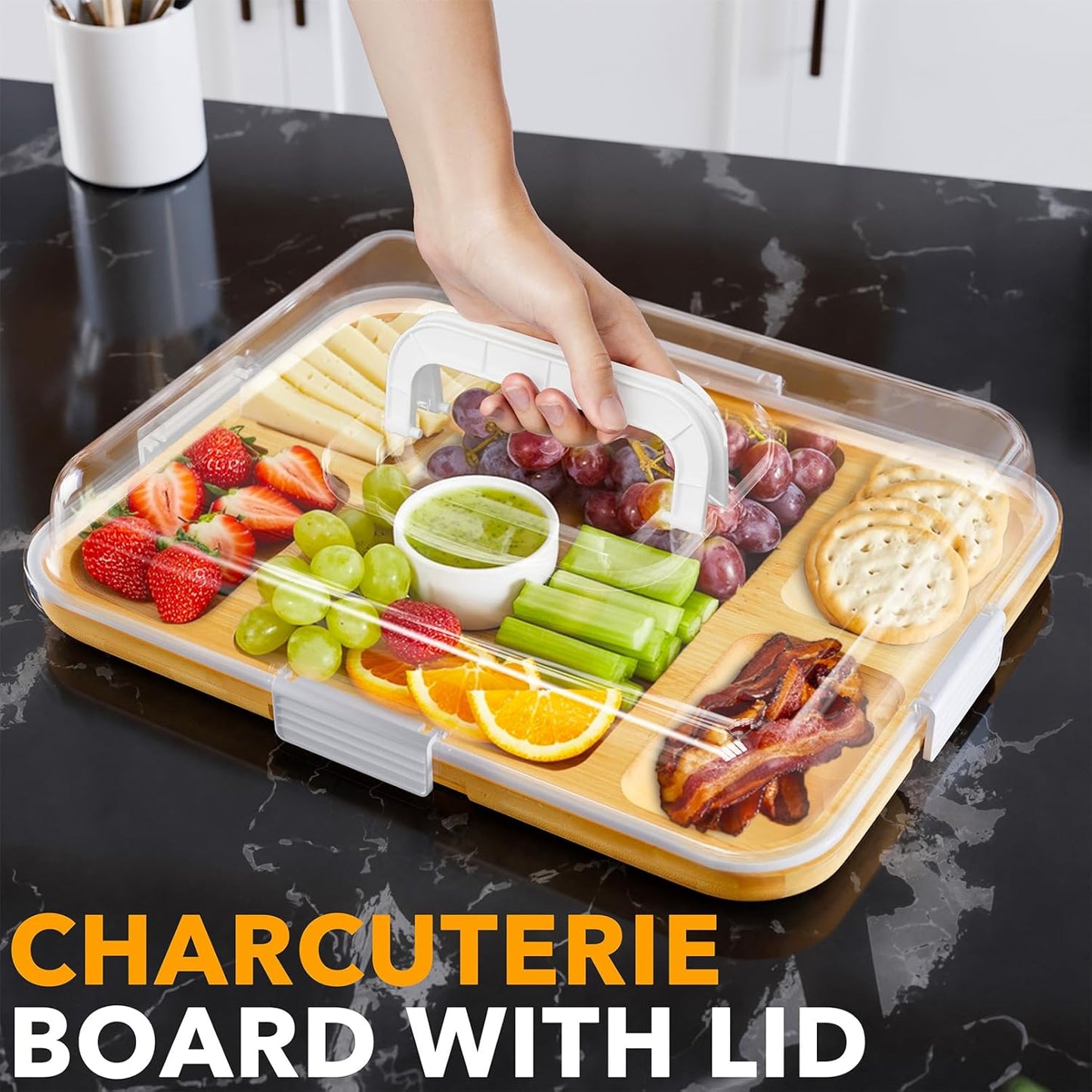 Modern Slate Cheese Cutting Board with Bamboo Tray – Stylish Charcuterie Serving Set, 5 Compartments