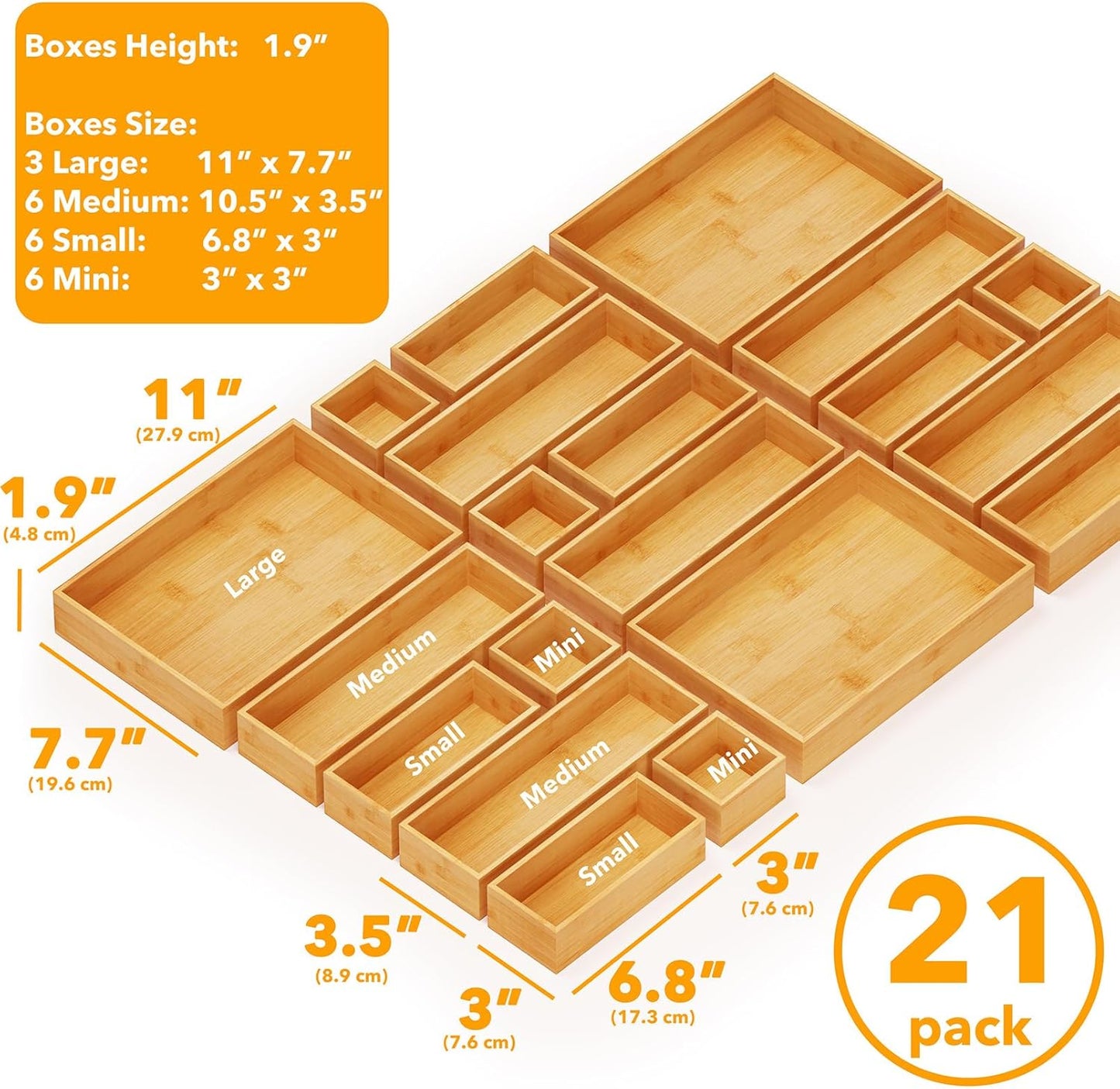 21-Piece Bamboo Drawer Organizer Set - Multi-Use Storage Bins,Nature