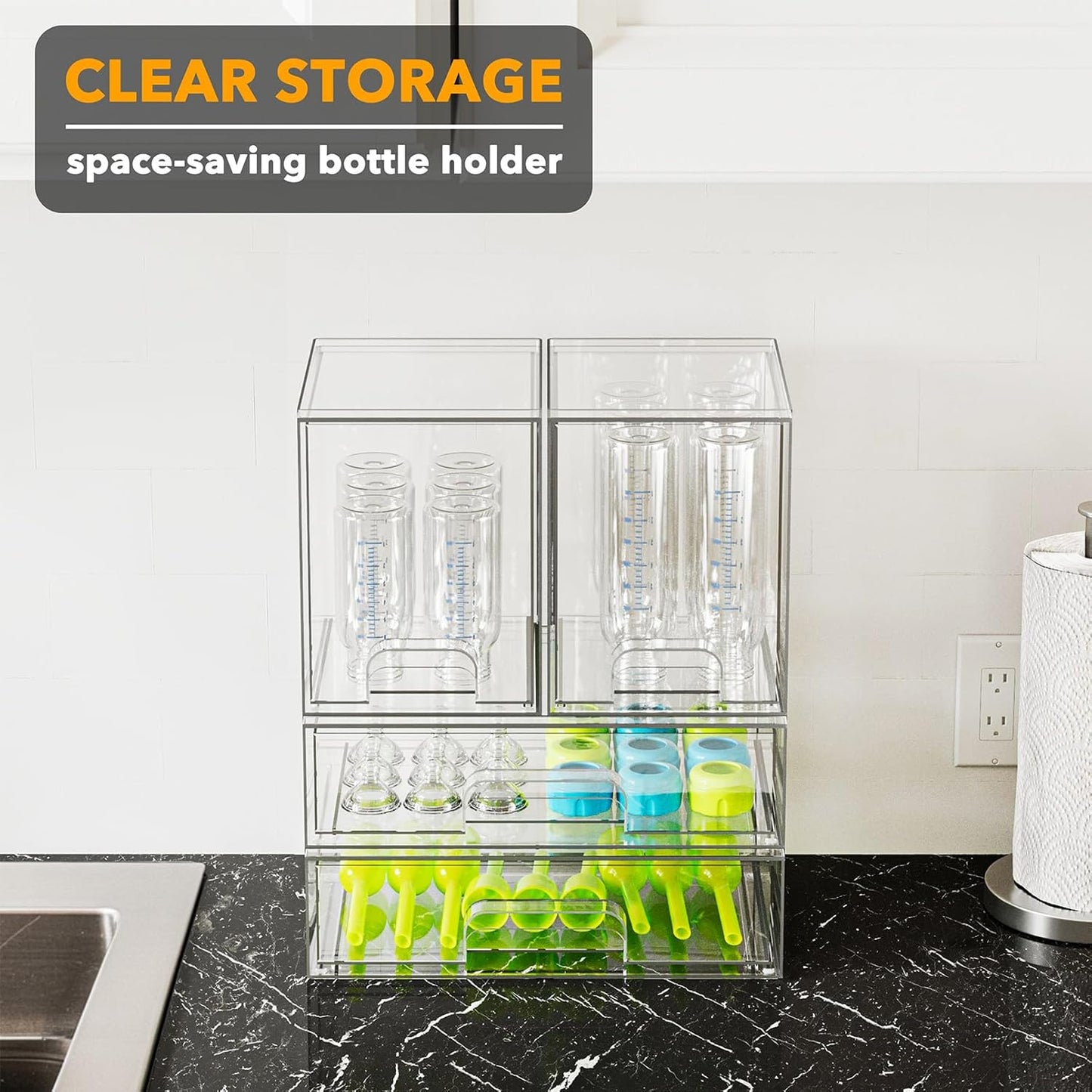 SpaceAid Acrylic Baby Bottle Storage Organizer – Stackable Clear Drawers, 4 Pack, 2M2L, 14.4" H