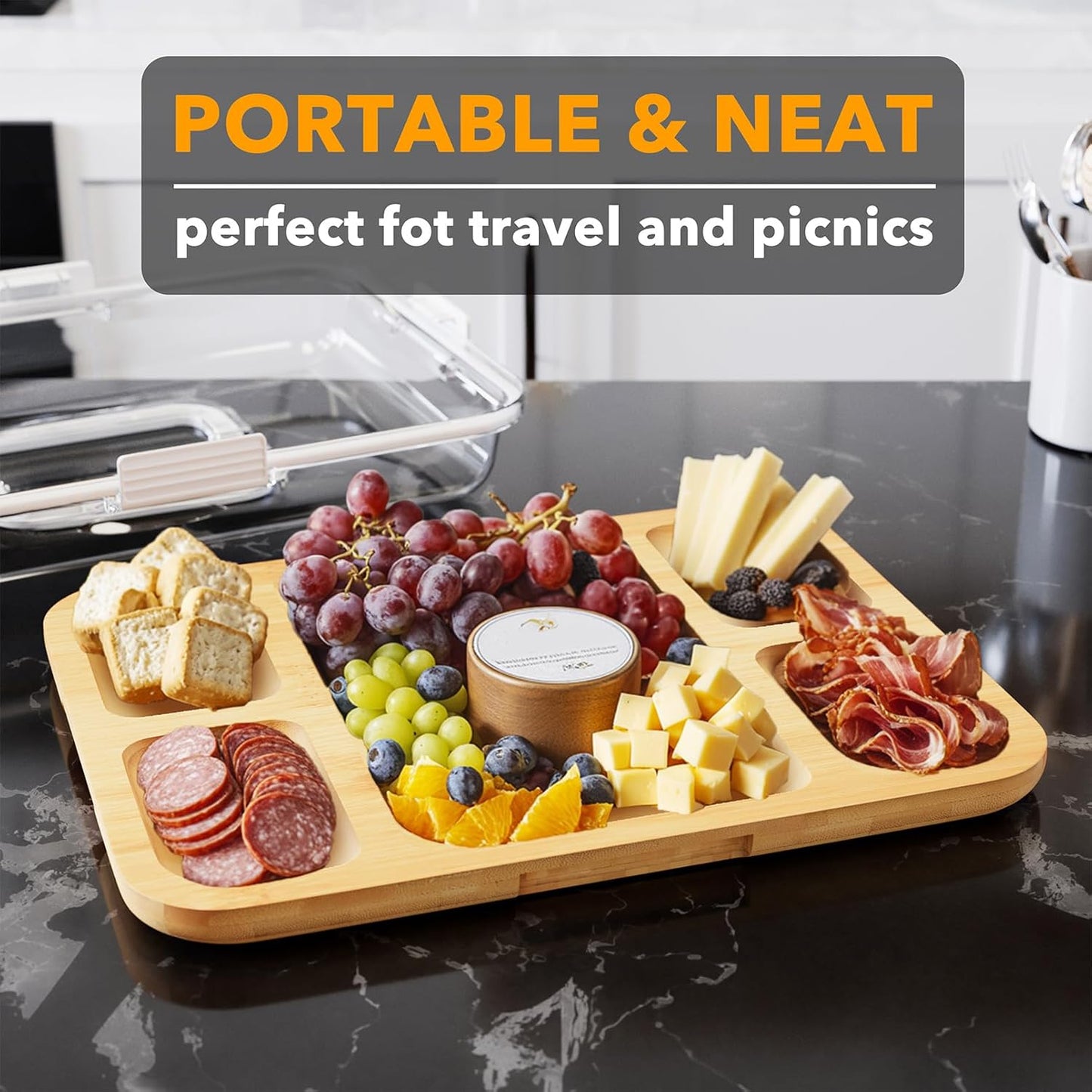 Modern Slate Cheese Cutting Board with Bamboo Tray – Stylish Charcuterie Serving Set, 5 Compartments