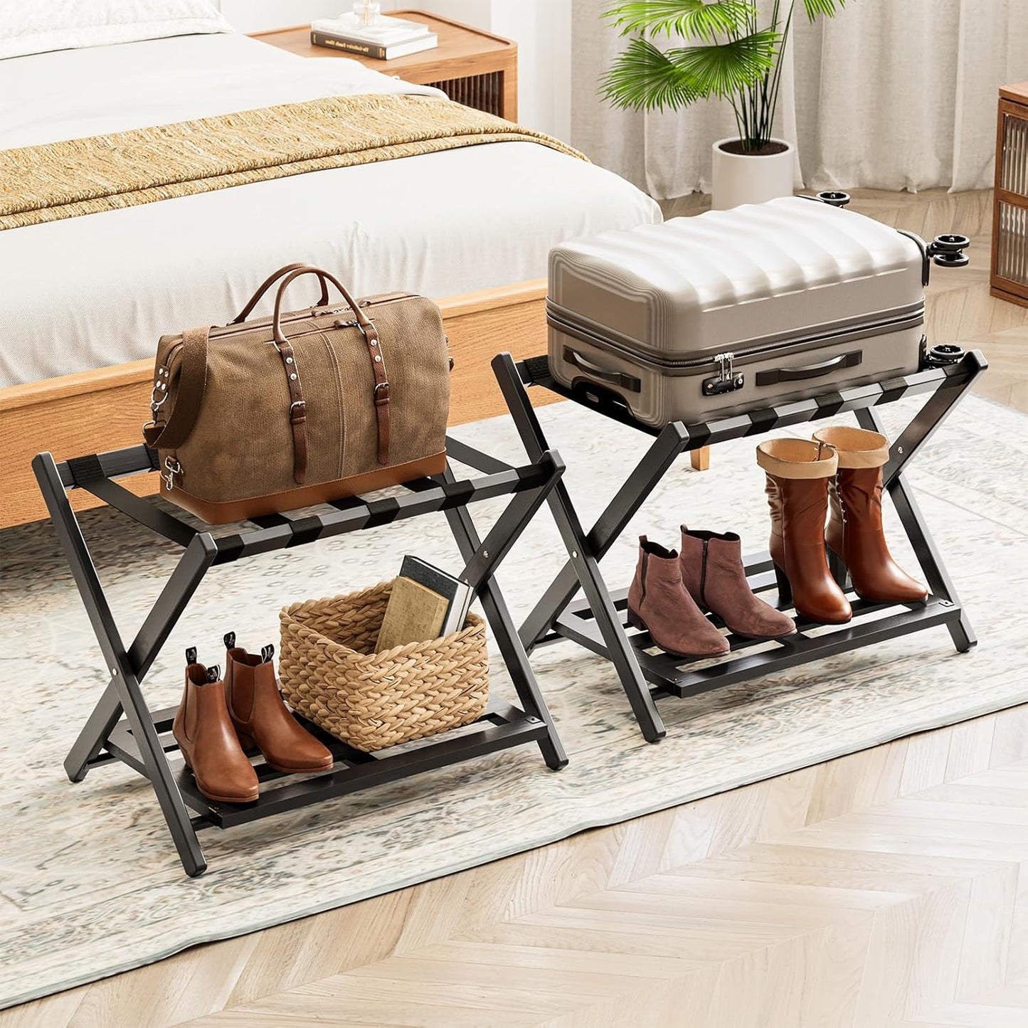 Fully Assembled Bamboo Foldable Luggage Rack with Storage Shelf, Black 2Pc