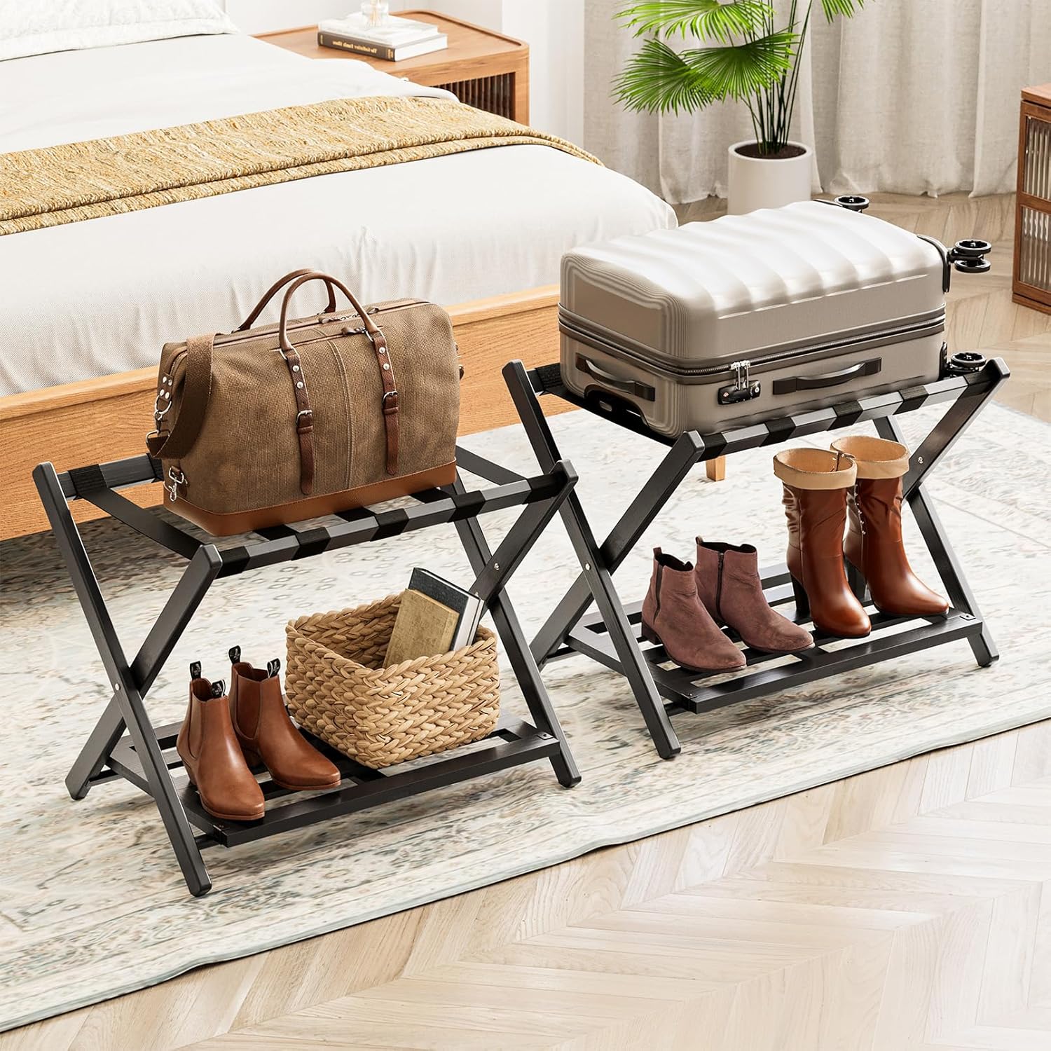Fully Assembled Bamboo Foldable Luggage Rack with Storage Shelf, Black 2Pc