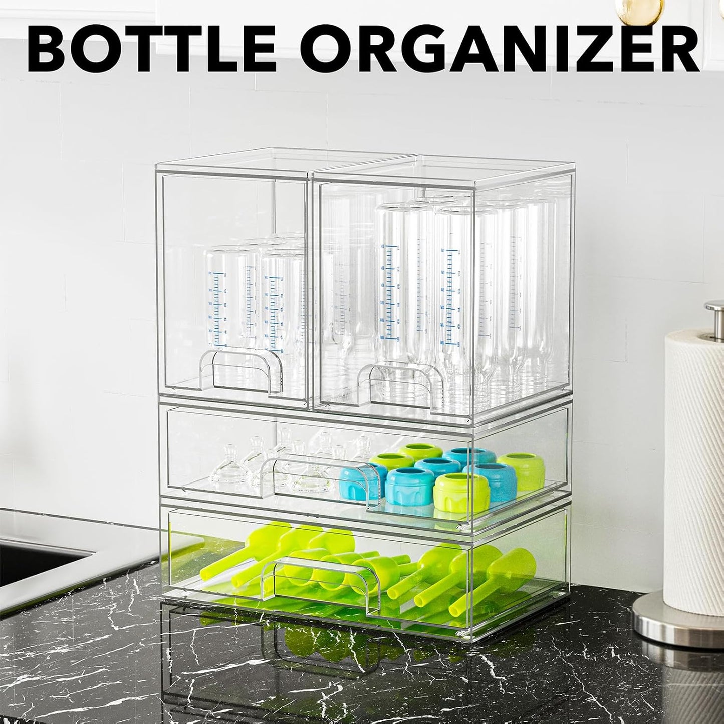 SpaceAid Acrylic Baby Bottle Storage Organizer – Stackable Clear Drawers, 4 Pack, 2M2L, 14.4" H