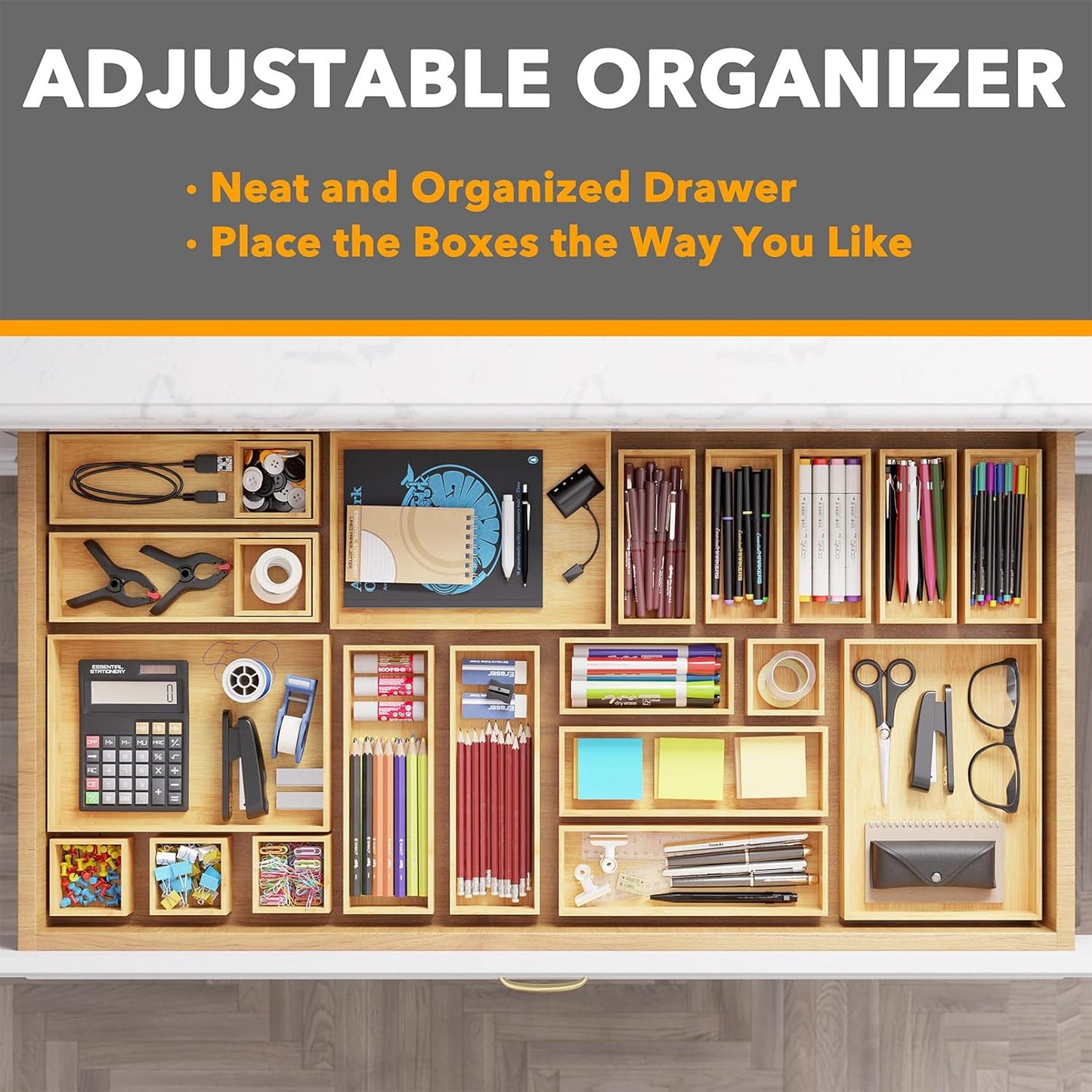 21-Piece Bamboo Drawer Organizer Set - Multi-Use Storage Bins,Nature