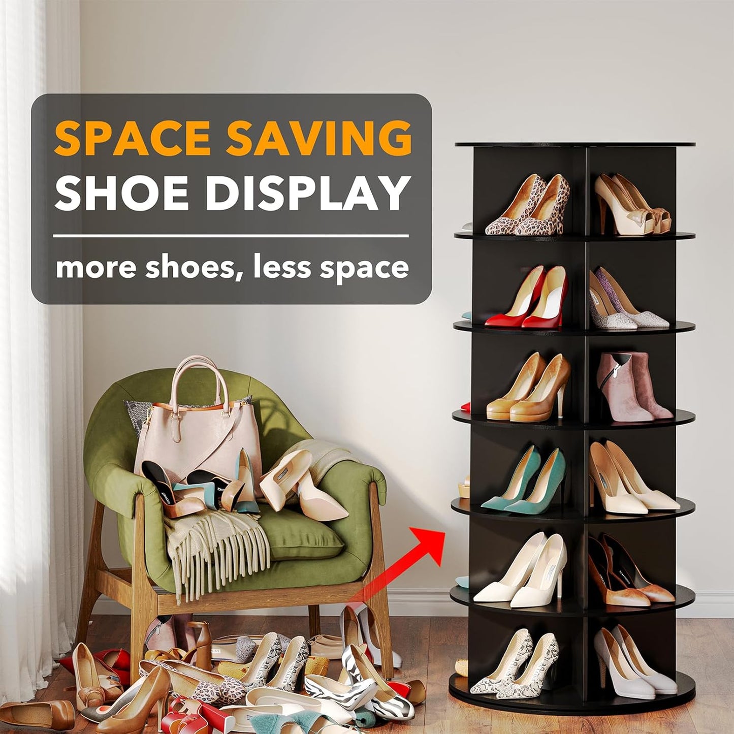 Black 6-Tier Revolving Shoe Rack for Closet
