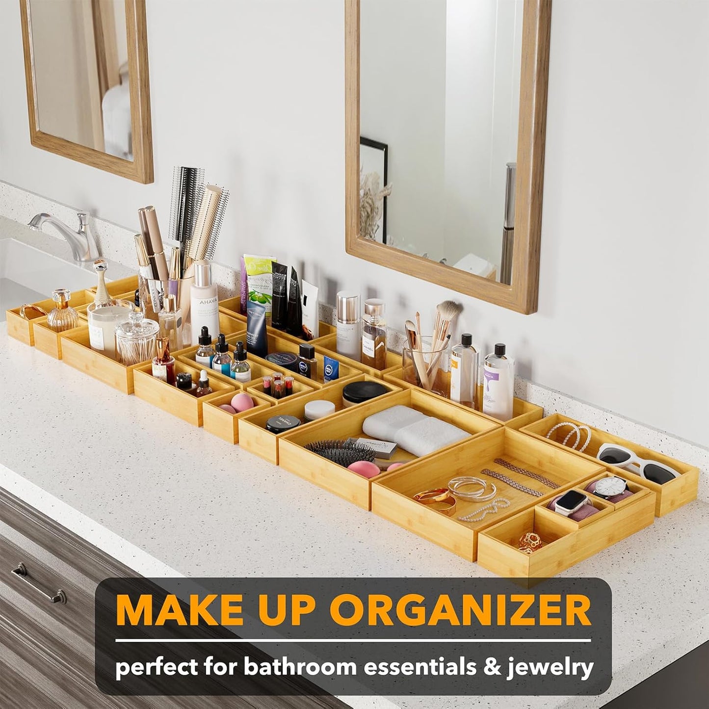 21-Piece Bamboo Drawer Organizer Set - Multi-Use Storage Bins,Nature