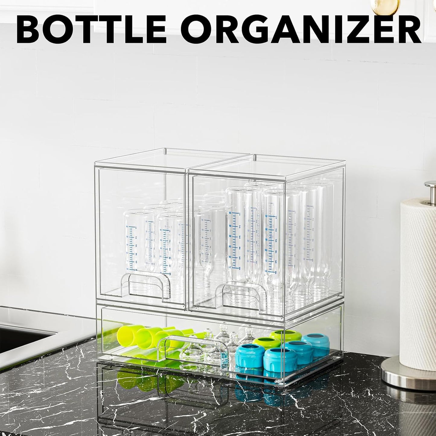 Baby Bottle Organizer for Countertop & Cabinet – SpaceAid Clear Drawer Station, 3 Pack, 2M1L, 10.9" H