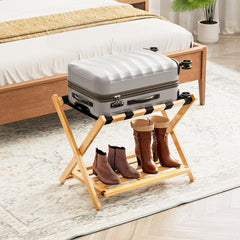 Fully Assembled Bamboo Foldable Luggage Rack with Storage Shelf, Natural Fully Assembled Bamboo Foldable Luggage Rack with Storage Shelf, Natural