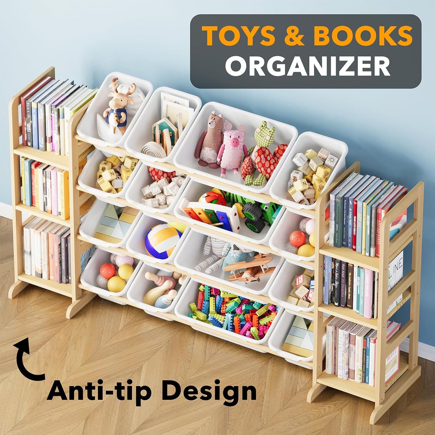 Kids Toy Storage Organizer with 6 Shelves and 16 Bins – Modern Toy Box, Bin Shelf & Bookshelf for Playroom Storage and Kids Room Decor
