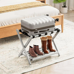 Fully Assembled Bamboo Foldable Luggage Rack with Storage Shelf, Gray Fully Assembled Bamboo Foldable Luggage Rack with Storage Shelf, Gray