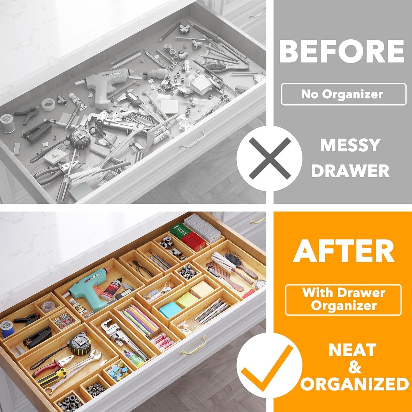 21-Piece Bamboo Drawer Organizer Set - Multi-Use Storage Bins,Nature