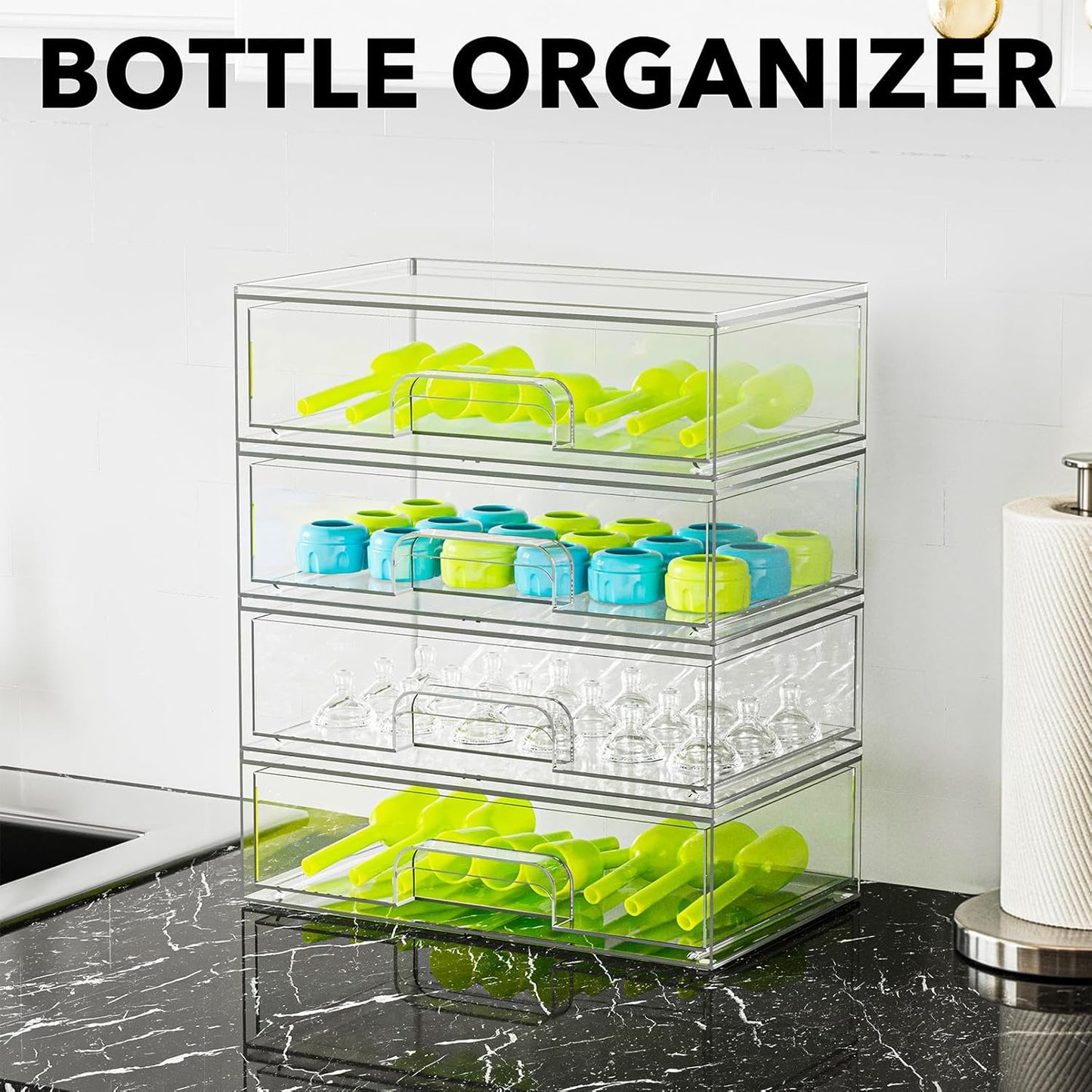 SpaceAid Baby Bottle Station Organizer – Clear Stackable Storage Drawers, 4 Pack, 4L, 13.7"H
