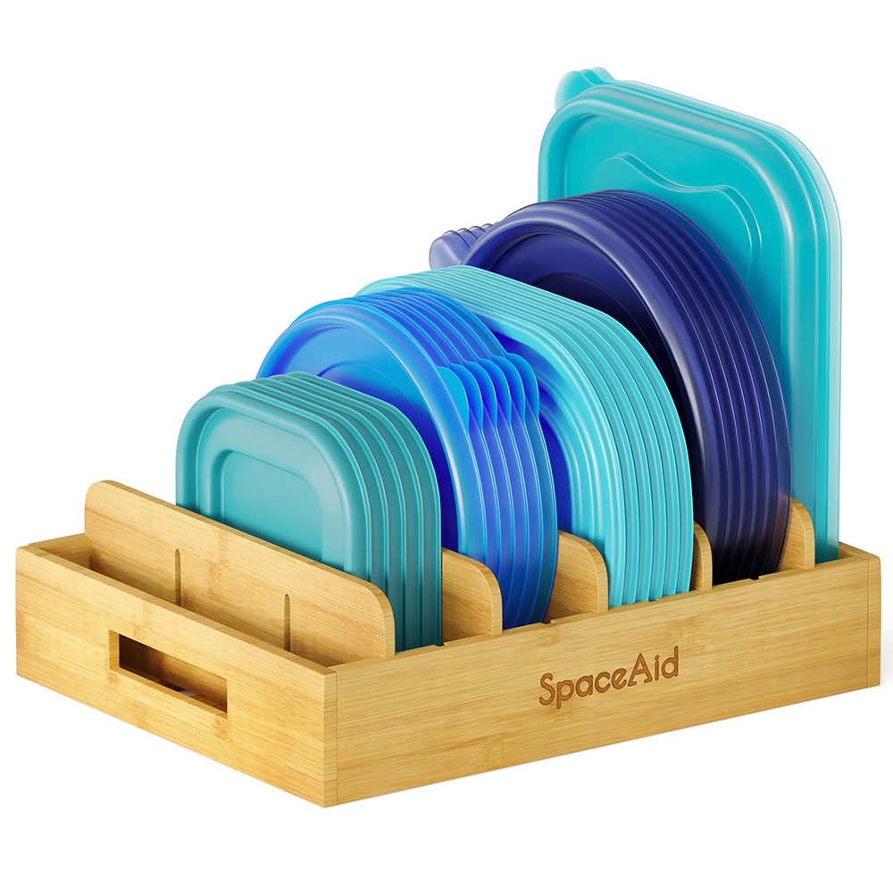 SpaceAid Bamboo Plastic Lid Organizer for Kitchen