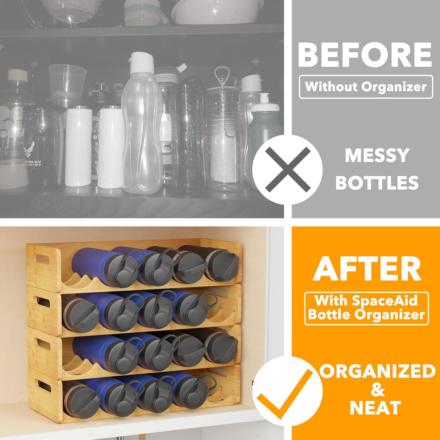 SpaceAid bamboo stackable water bottle organizer