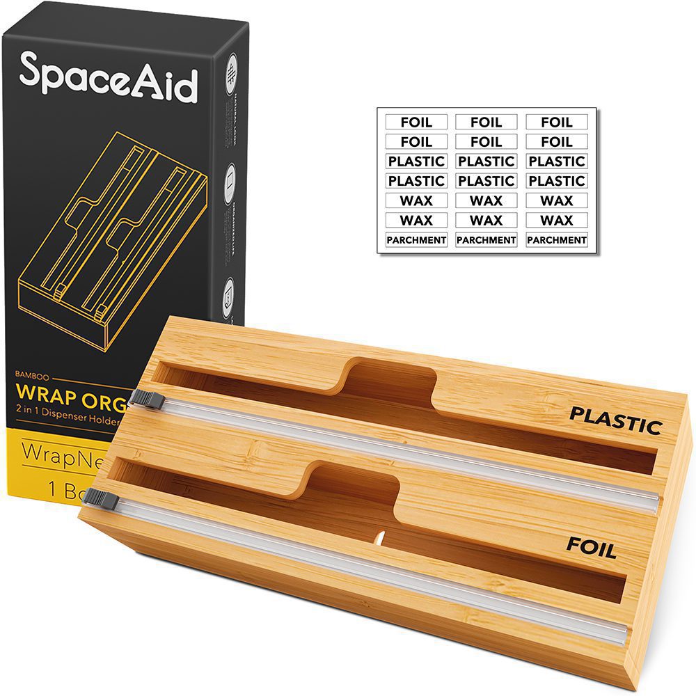 SpaceAid WrapNeat 2 in 1 Wrap Organizer with Cutter and Labels, Plastic Wrap, Aluminum Foil and Wax Bamboo Dispenser for Kitchen Storage