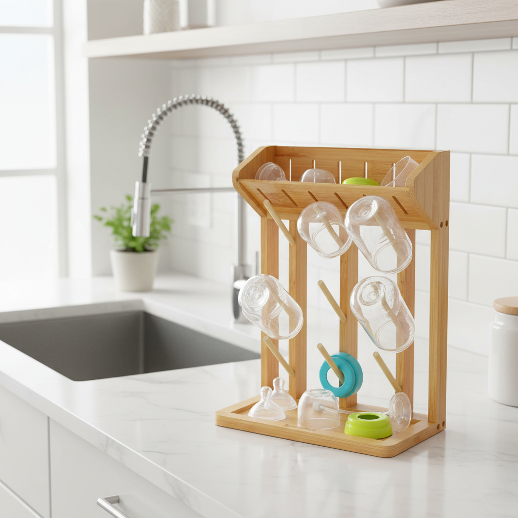 SpaceAid Bamboo Baby Bottle Drying Rack | Neat Countertop Solution for New Parents