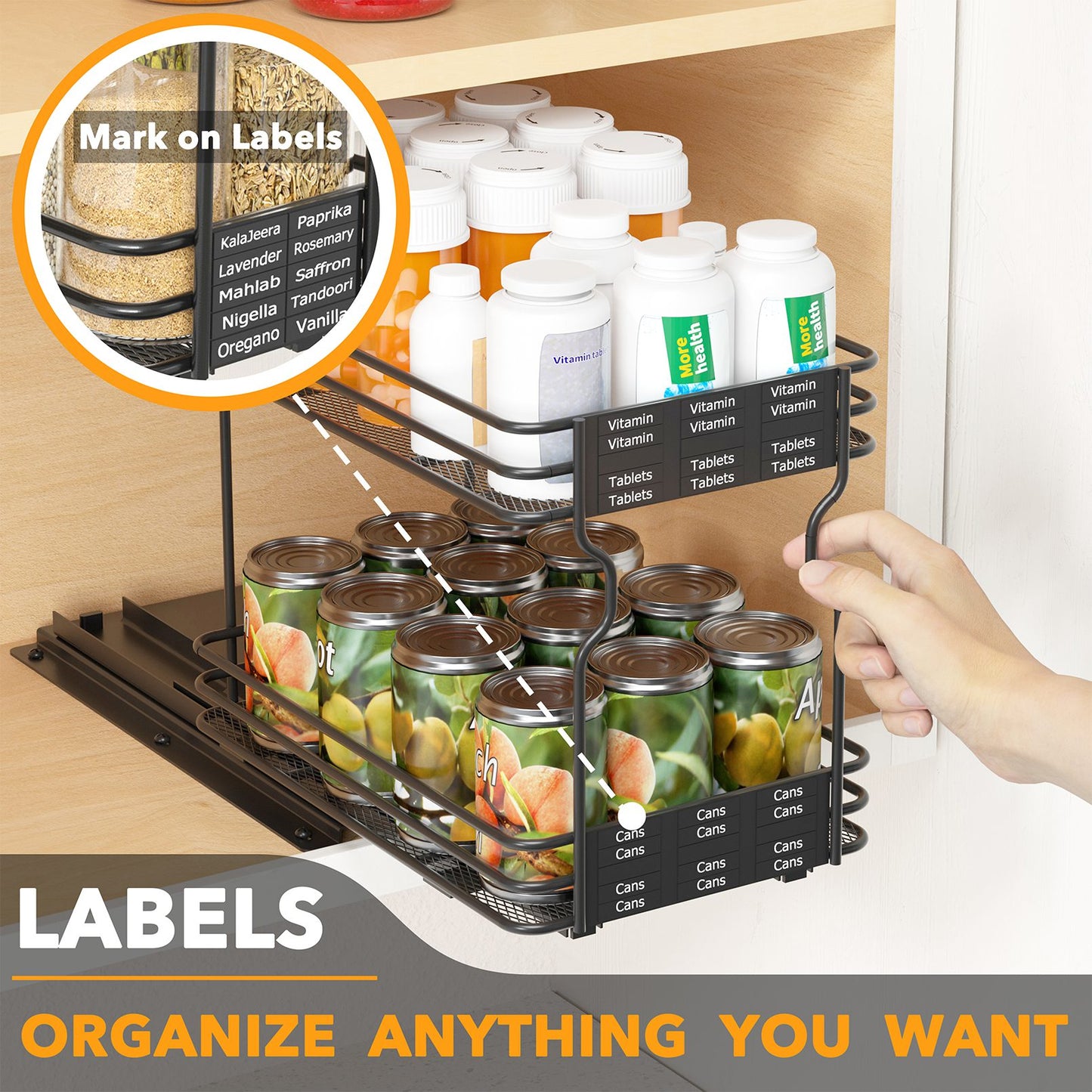 SpaceAid Slide Out Spice Rack Organizer for Kitchen Cabinet with Labels and Chalk Marker, 1 Drawer 2-Tier