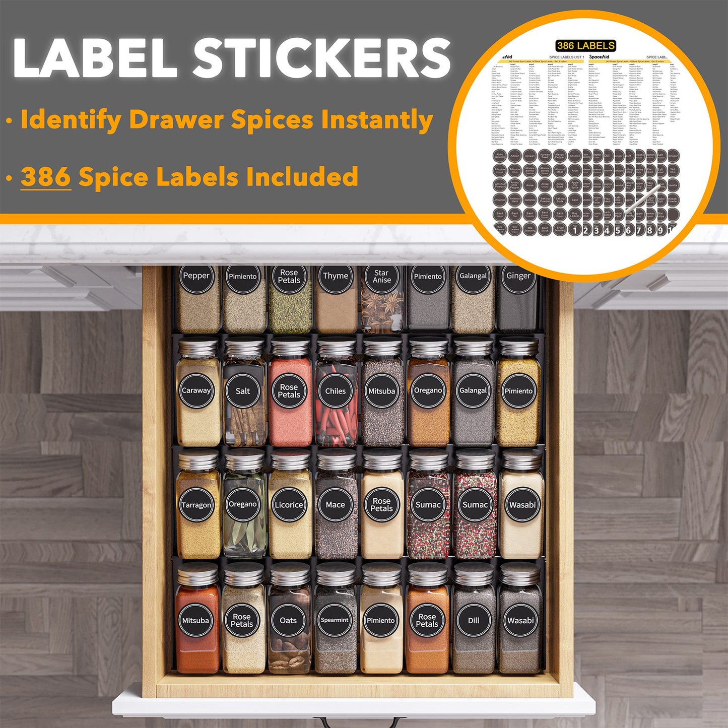 SpaceAid Drawer Organizer for Spices with 32 Spice Jars, 15" Wide x 17.5" Deep