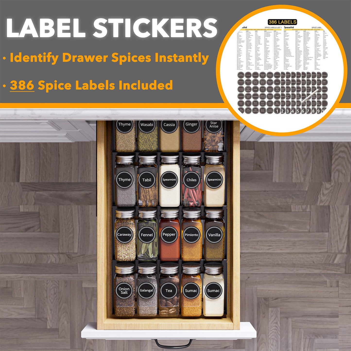 SpaceAid Spice Drawer Storage Organizer with 20 Glass Spice Jars, 9-1/2" Wide x 17-1/2" Deep