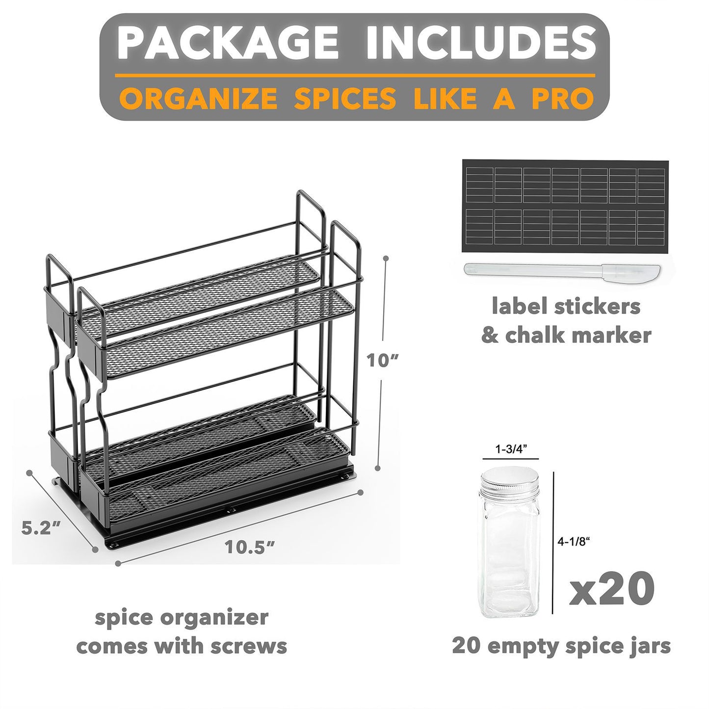 SpaceAid Slide Out Spice Rack Organizer with 20 Jars for Kitchen Cabinet, 2 Drawers 2-Tier, 5.2" W x10.75 D x10 H