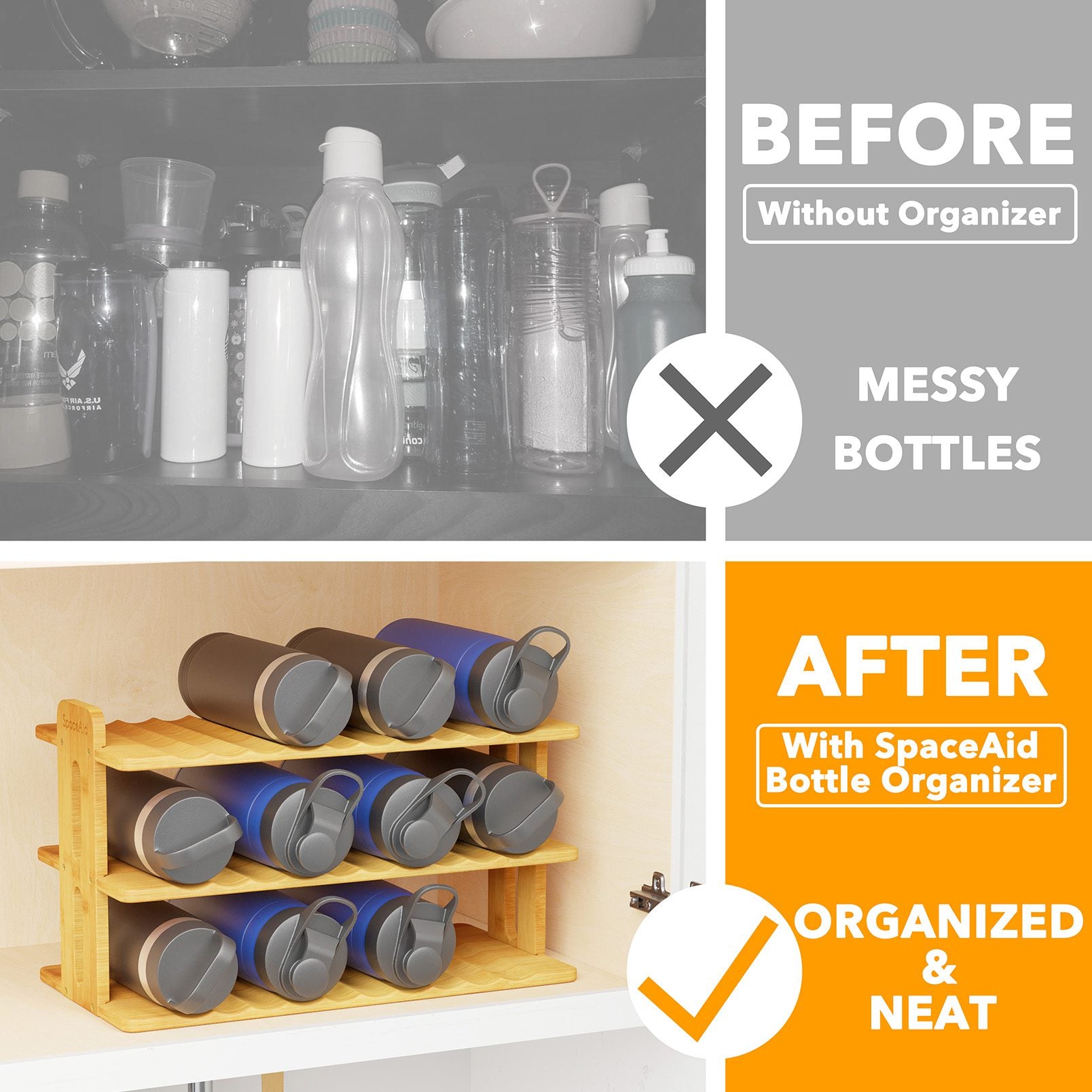 [ Large Compartment ] 3 Tier Stackable Water Bottle Organizer for Cabinet -  9 Bottle Holder Rack for Tumblers, Cups, Wine Bottles - Home Storage