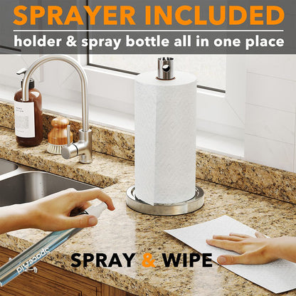 Best SpaceAid® 2 in 1 Paper Towel Holder Under Cabinet with Spray Bottle in The Middle in Silver