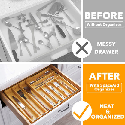 SpaceAid Bamboo Expandable Silverware Organizer for Kitchen Drawer Storage (Natural, 10 Slots)