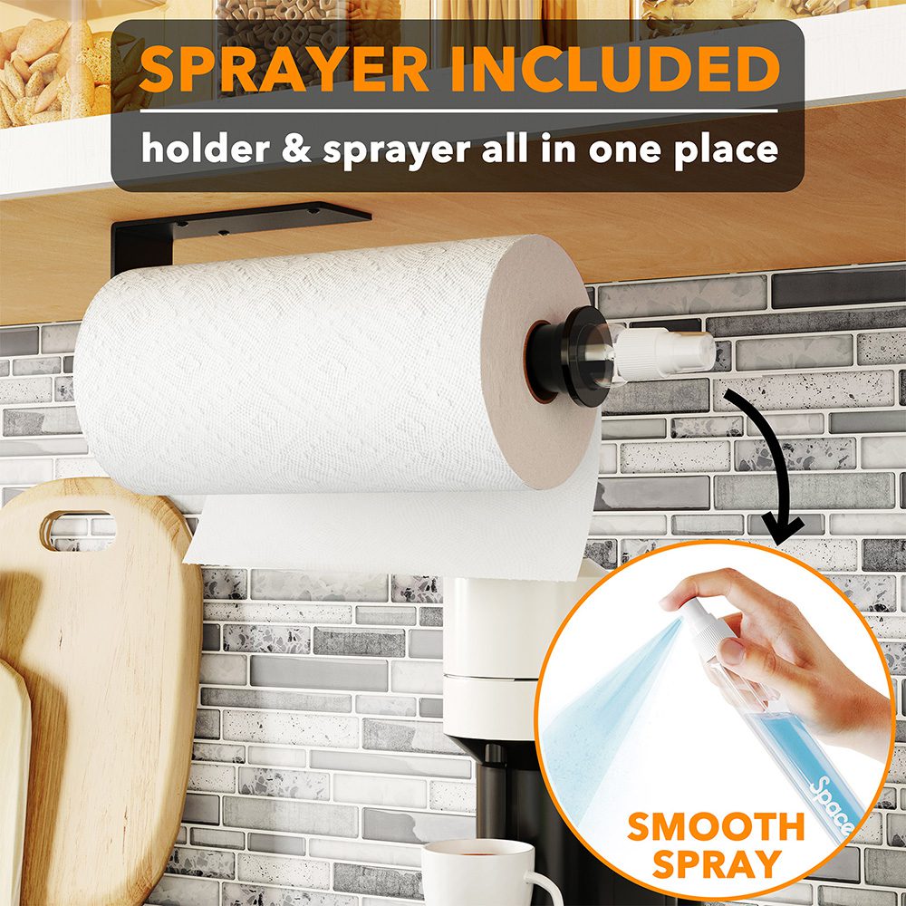 SpaceAid® SprayNeat Paper Towel Holder with Spray Bottle, Under Cabinet  Paper Towels Holders with Sprayer Inside Center (Black)