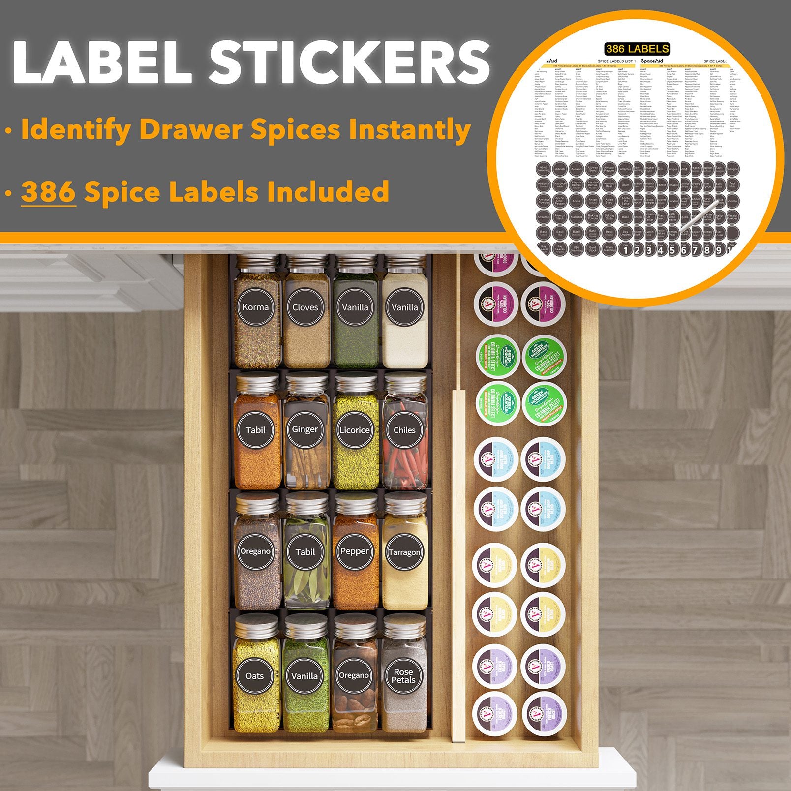 spice drawer organizer with jars and labels