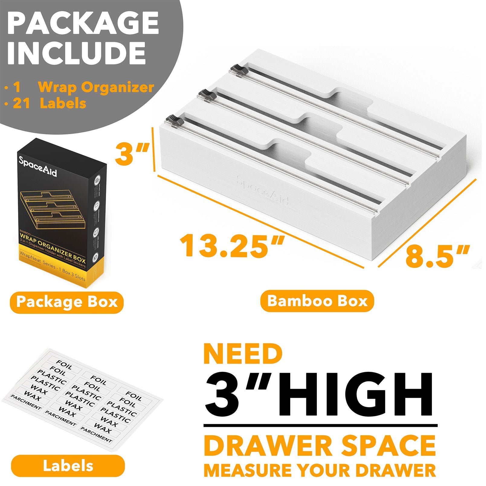 3 in 1 Foil, Wax Paper and Plastic Wrap Organizer bamboo. Aluminum Foil,  Parchment Paper and Cling Wrap Dispenser With Cutter. 16 Wide 