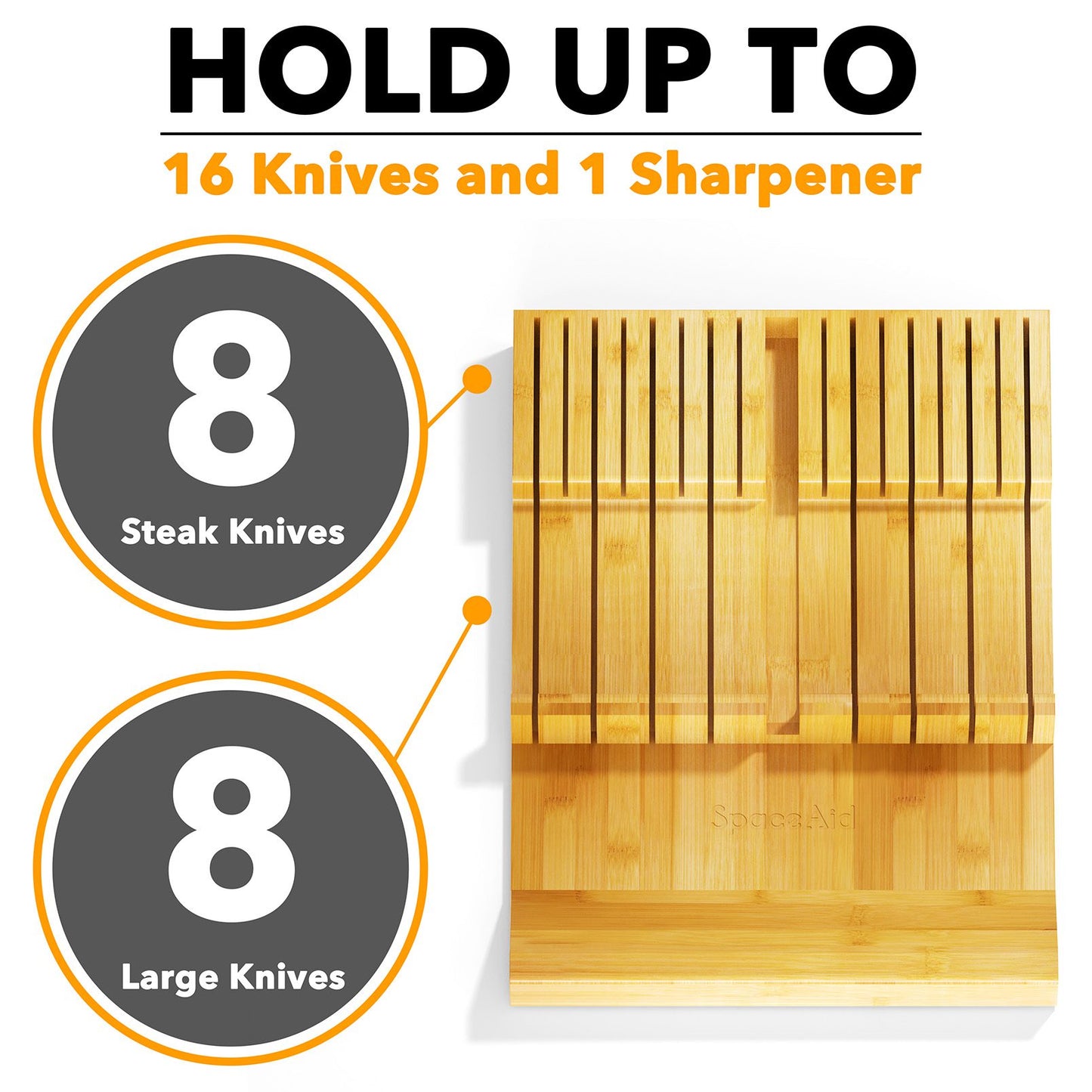 SpaceAid Bamboo Knife Drawer Organizer Insert Holder with 16 Knife Slots and 1 Sharpener Slot